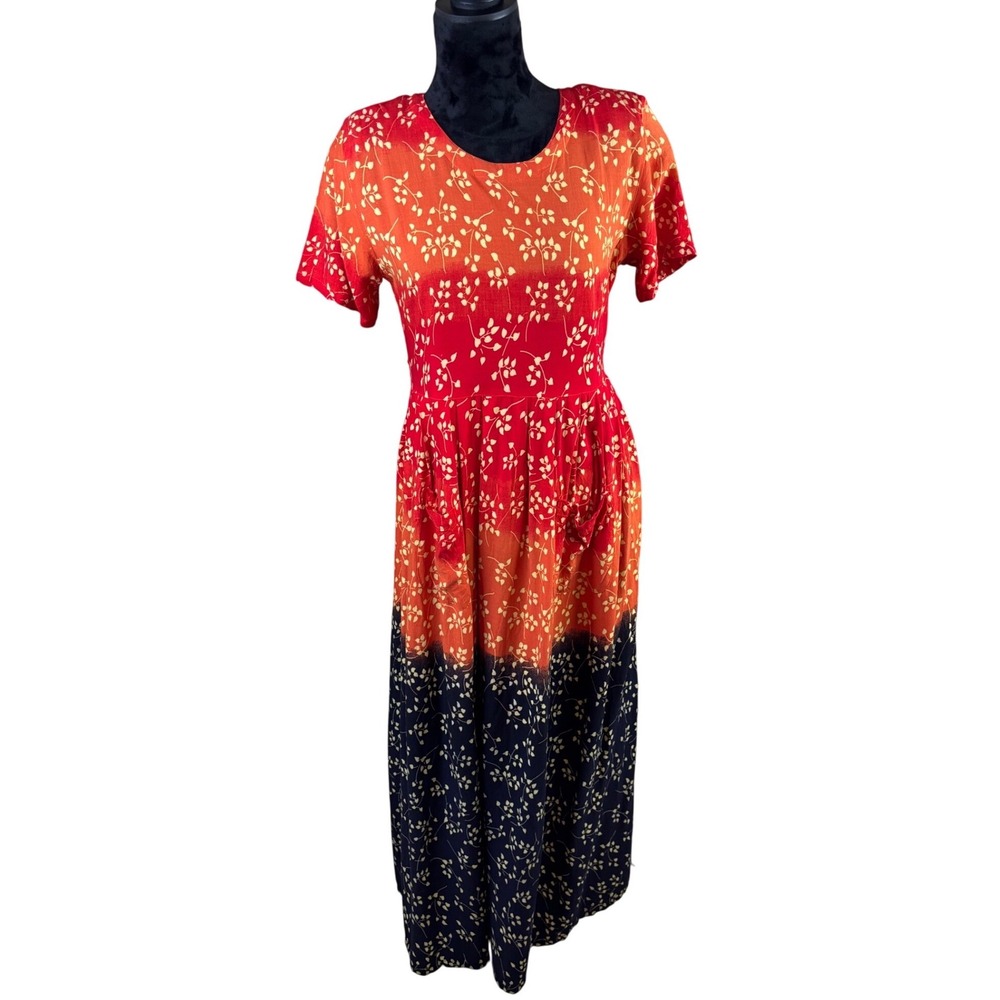Pretty Pink Womens Red Orange Navy Ombre Leaf Print Rayon Maxi Dress Size M Boho